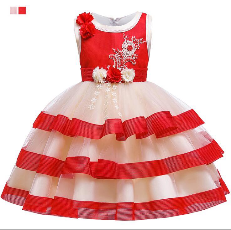 ชุดเด็ก : เดรสออกงาน สีชมพูแต่งลูกไม้กุหลาบ สีชมพู,แดง