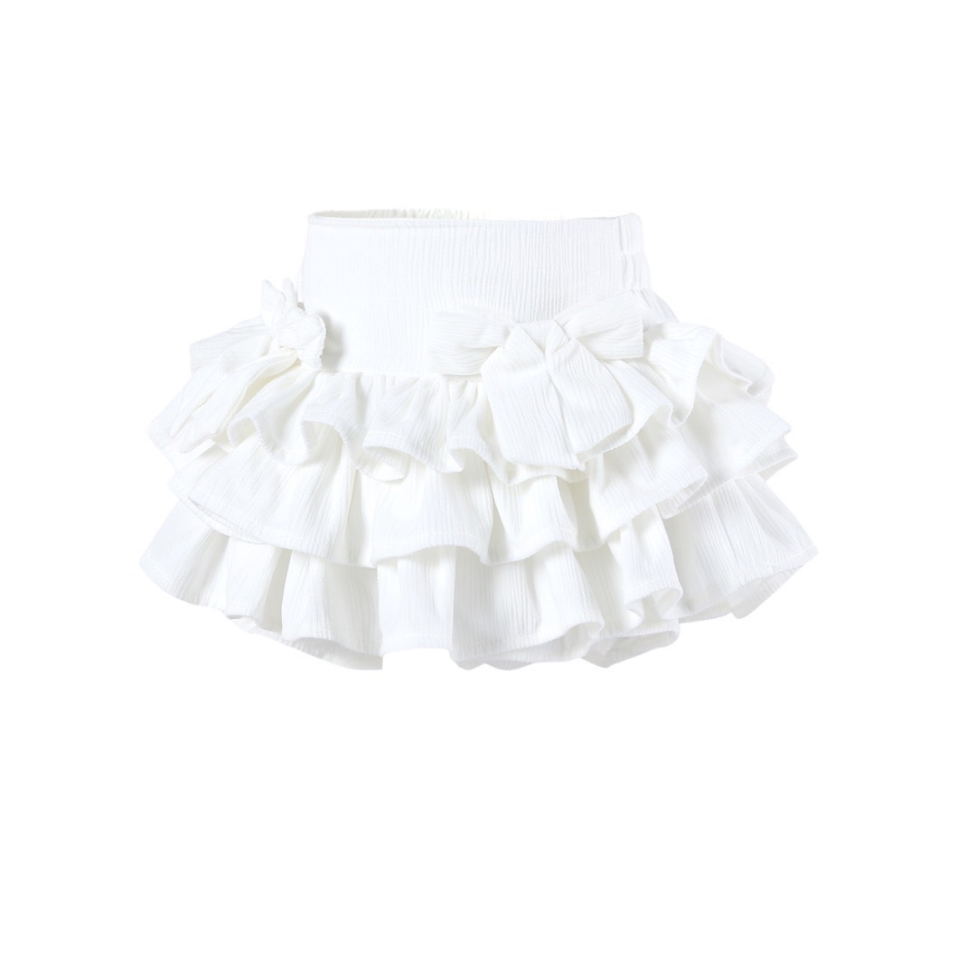 กระโปรง เด็กผู้หญิง ทรงขนมชั้น สีพื้น มีซับระบายชั้นติดโบว์