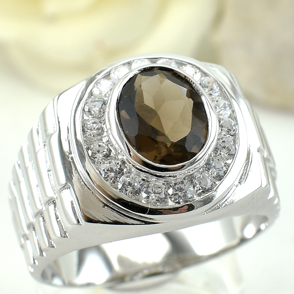 แหวนเงินแท้ราคาถูกชุบทองคำขาว พลอยแท้สโมกกี้ควอทซ์ 2.25 กะรัต เพชรCZ 0.54 กะรัต งานประณีตสวยงาม สั่งผลิตค่ะ
