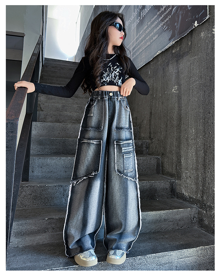 พร้อมส่ง กางเกงยีนส์เด็กหญิง คาร์โกด้ ฟอกสี