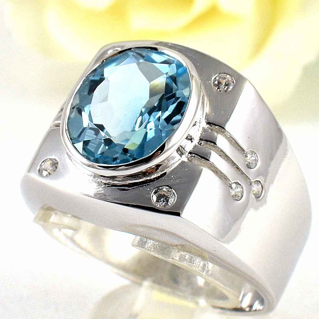 แหวนเงินแท้ราคาถูกชุบทองคำขาว สกายบลูโทปาซแท้ 6.0 กะรัต เพชรCZ 0.19 กะรัต งานประณีตสวยงาม สั่งผลิตค่ะ