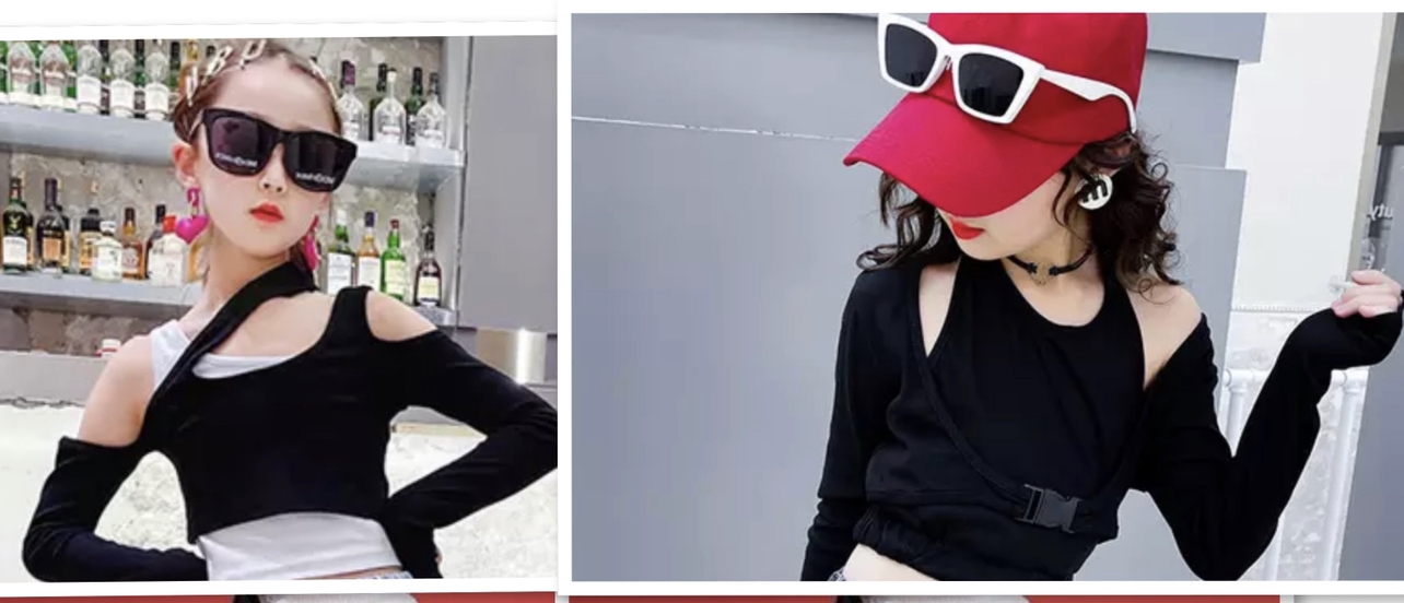 **เฉพาะเสื้อ**ชุดเต้น ฮิปฮอป เสื้อแขนยาว แขนคอไขว้ สีดำสลับดำ