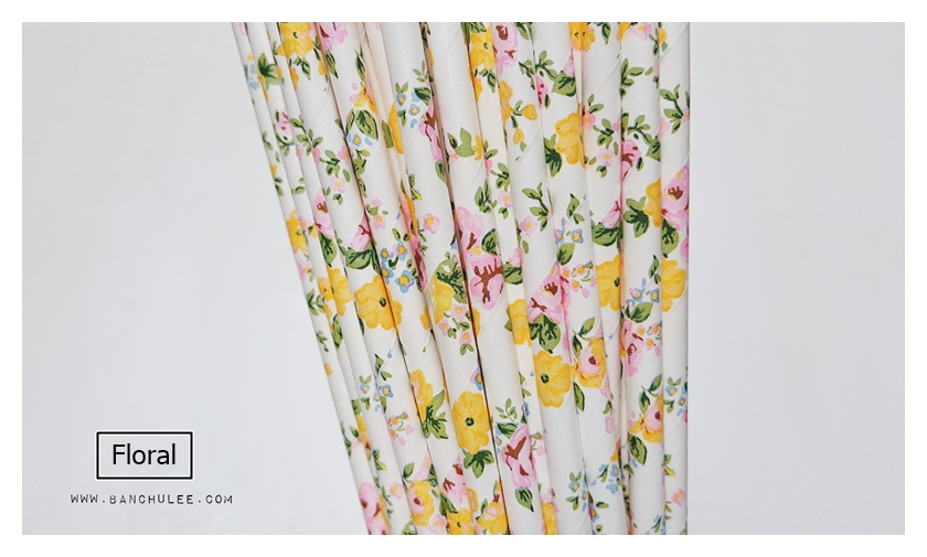 Floral Pattern Paper Straws หลอดกระดาษ ใช้สำหรับดื่มน้ำ