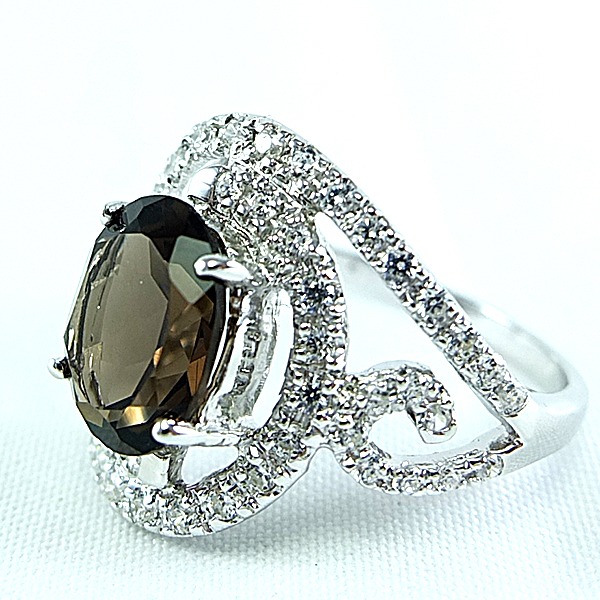 แหวนเงินแท้ราคาถูกชุบทองคำขาว พลอยแท้สโมกกี้ควอทซ์ 3.15 กะรัต เพชรCZ 0.74 กะรัต งานประณีตสวยงาม สั่งผลิตค่ะ