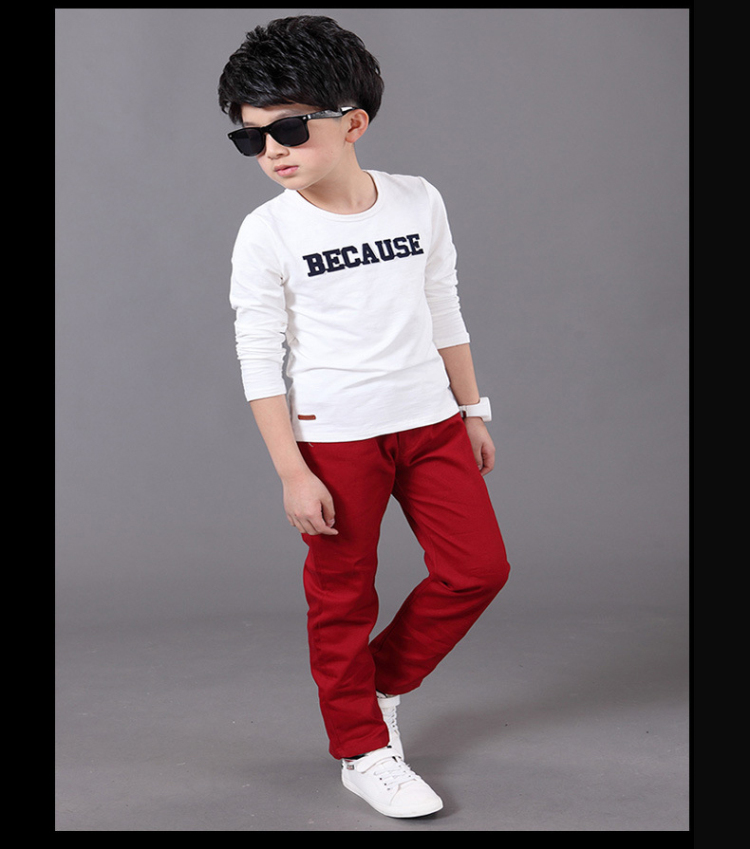 พร้อมส่ง กางเกงขายาว สีแดง กางเกงผ้า ปักลาย ด้านหลัง กางเกงเด็กสีแดง