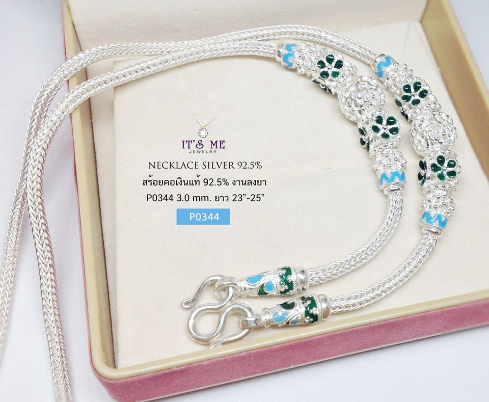 สร้อยคอเงินแท้92.5% ลายหกเสา-เม็ดปะคำลงยา (งานไทย) - งานช่างทอง (สร้อยหนา 3.0 มิล)