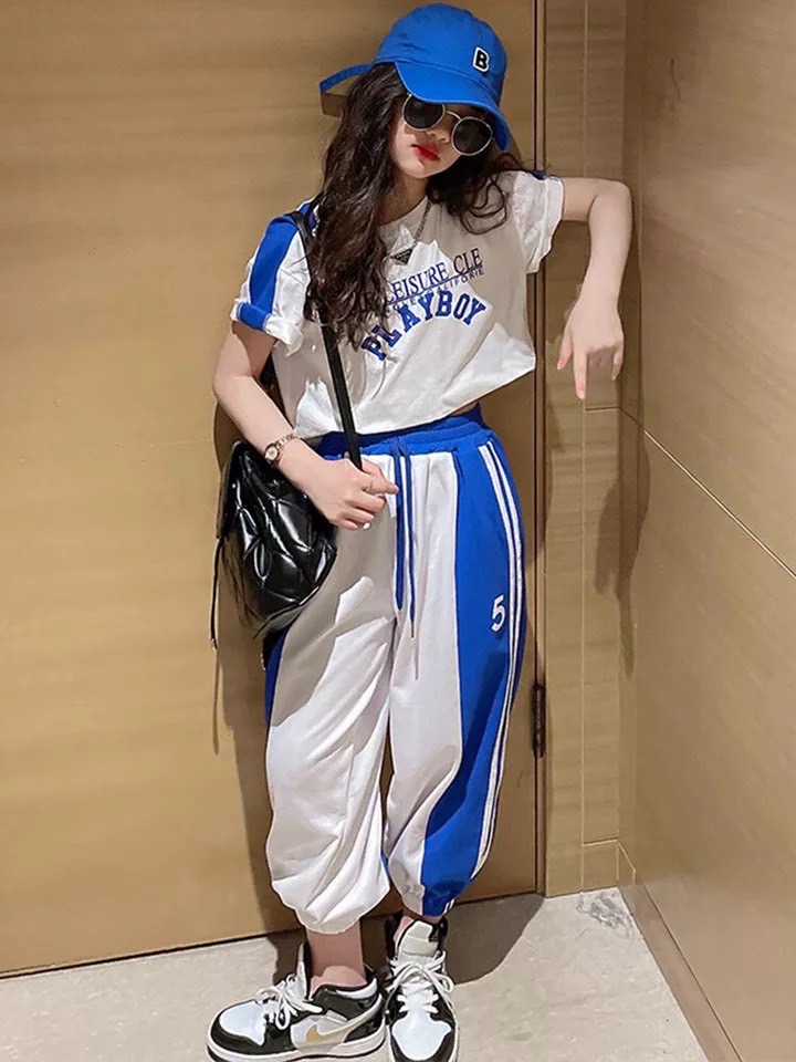 ชุดเต้น ชุดฮิปฮอป เซ็ตสีเสื้อแขนสั้น+กางเกงวอร์ม