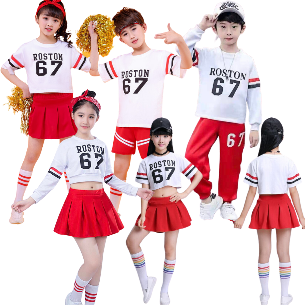ชุดเต้น ชุดแดนซ์ เสื้อสีขาวลาย 67 +กระโปรงแดง/กางเกงแดง