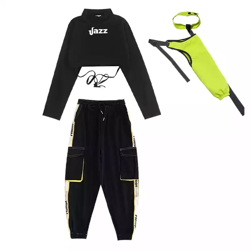 ชุดเต้น ชุดแดนซ์ ฮิปฮอป สีนีออน เสื้อสีดำ กางกงดำ