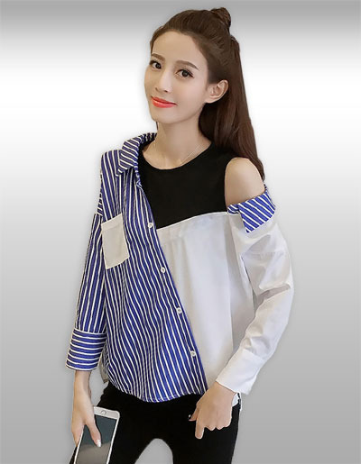 เสื้อเชิ๊ตแฟชั่นแต่งแขนกุดโชว์ไหล่งานสวยเท่ห์สไตล์เกาหลี รหัส 2377