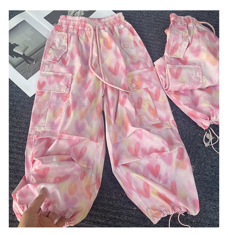 กางเกงเด็กหญิง ขายาวแต่งลายหัวใจสีชมพู