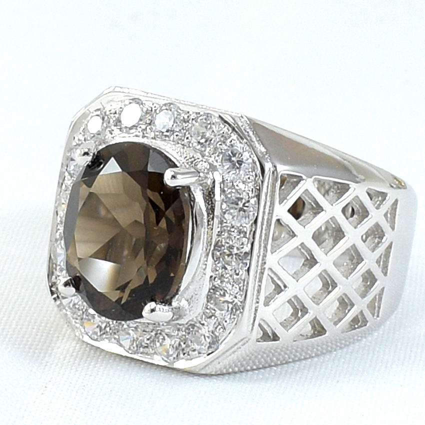 แหวนเงินแท้ราคาถูกชุบทองคำขาว พลอยแท้สโมกกี้ควอทซ์ 4.80 กะรัต เพชรCZ 0.96 กะรัต งานประณีตสวยงาม สั่งผลิตค่ะ