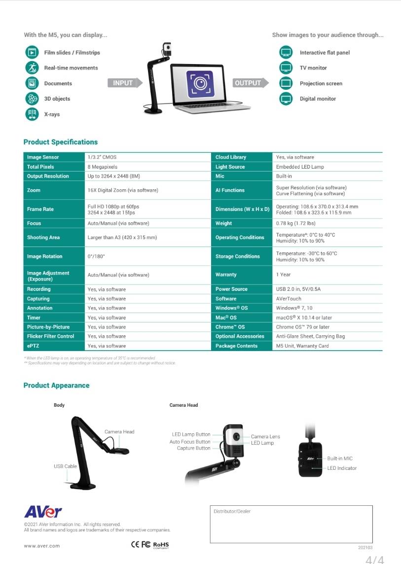 AVerVision M5 (FULL HD) Visualizer เครื่องฉายภาพวัตถุ 3 มิติ กล้อง 8ล้าน พิกเซล น้ำหนัก 0.78 kg.ให้ความละเอียดสูง Full HD 1080P