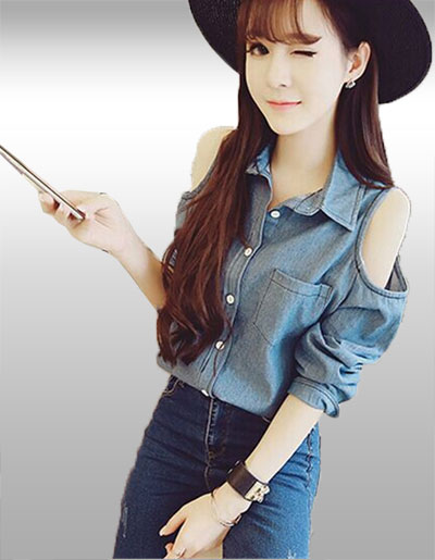 เสื้อเชิ๊ตแขนยาวเว้าโชว์ไหล่น่ารัก รหัส 2023