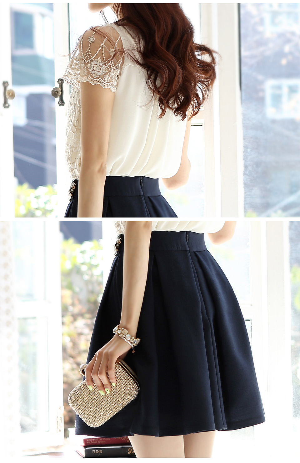 ชุดเซท เสื้อ กระโปรงปักด้ายทองแต่งมุก-1322