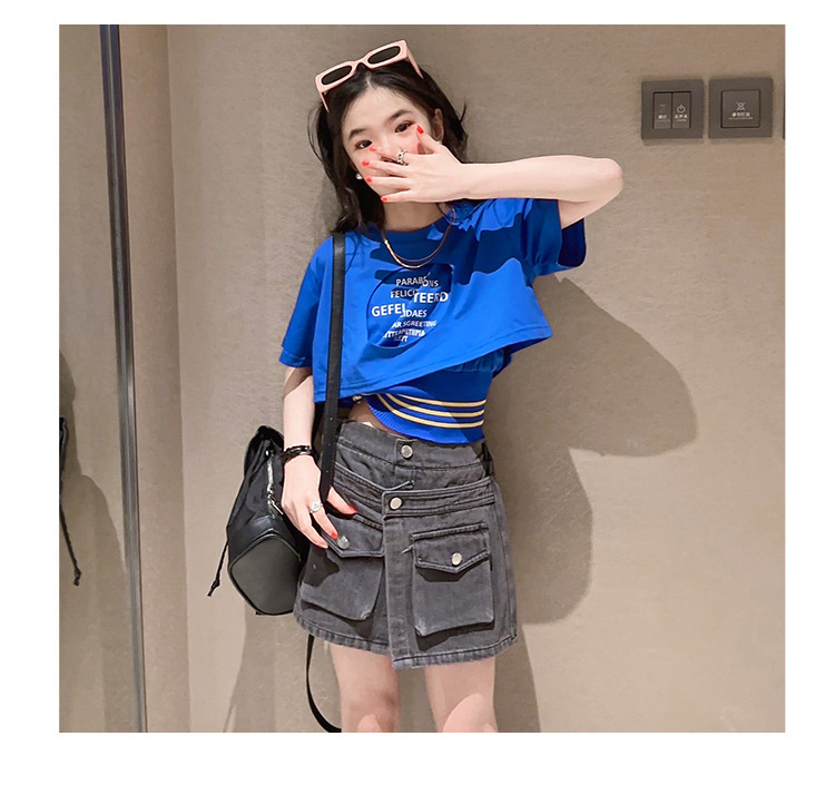 ชุดเต้น ชุดแดนซ์ ชุดลำลองเสื้อเอวลอยแขนสั้น+กางเกงกระโปรงยีนส์