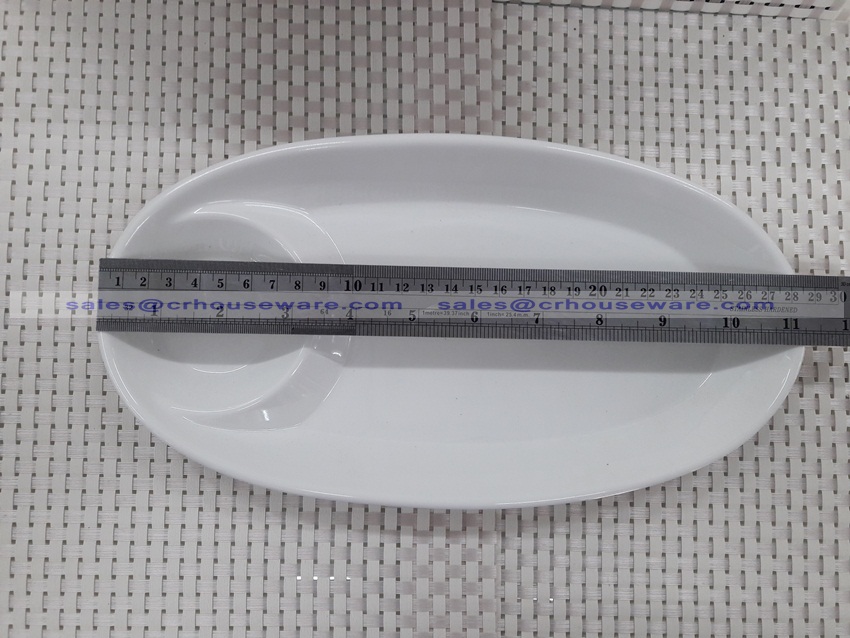 จานวงรี มีช่องน้ำจิ้ม 11 นิ้ว นิ้ว 017-PX-A3828,ถาดเมลามีนมีหลุมใส่ของว่าง,ถาดเมลามีนมีหลุมใส่แก้วกาแฟทรงซ้อนได้เพิ่ม