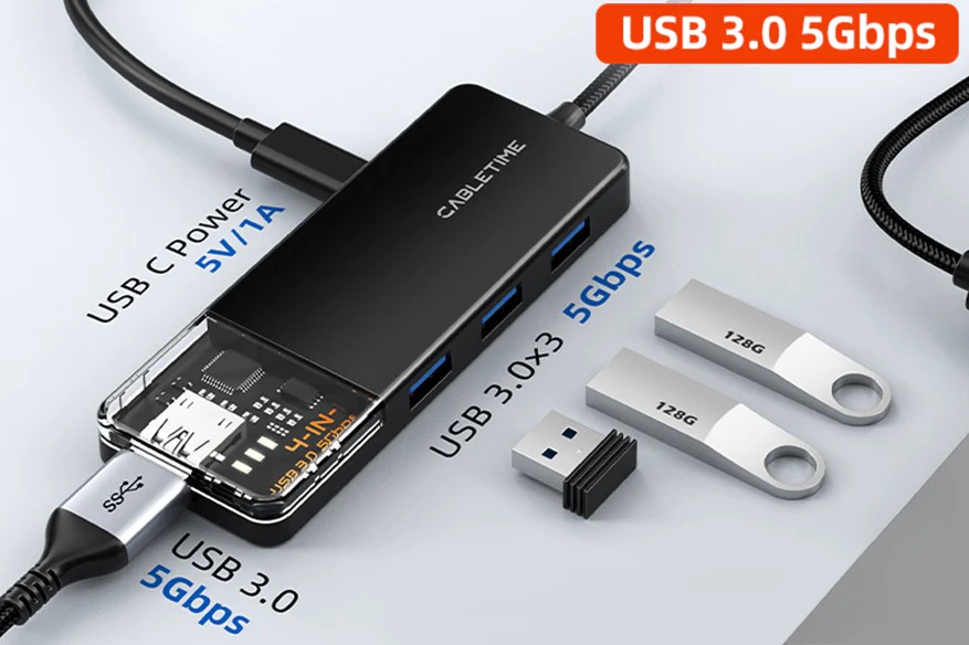 USB-A 3.0 to HUB USB-A 3.0 4Port with Power USB-C port สายยาว 1m by Cabletime