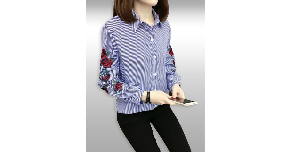 เสื้อเชื๊ตแฟชั่นคอปกแขนแต่งลายดอกไม้สไตล์เกาหลี รหัส 1931