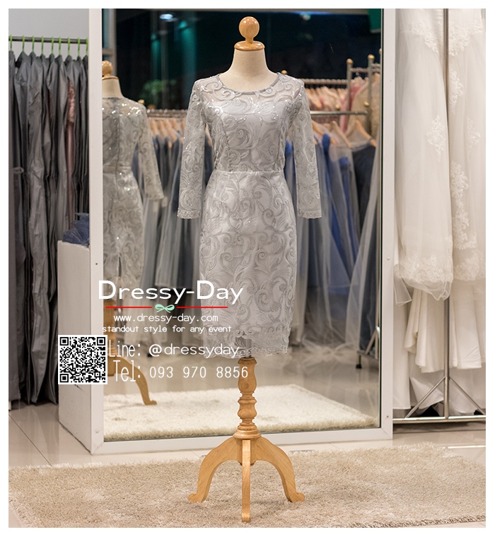 รหัส ชุดเจ้าภาพ :PM002 ชุดราตรีสั้น มีแขน สีเทา/เงิน ปักเลื่อม สวย สง่า ใส่เป็นชุดไปงานแต่งงาน งานกาล่าดินเนอร์ งานเลี้ยง