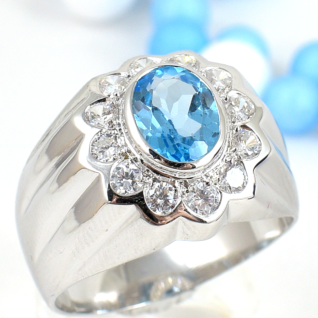 แหวนเงินแท้ราคาถูกชุบทองคำขาว สวิสบลูโทปาซแท้ 2.35 กะรัต เพชรCZ 0.36 กะรัต งานประณีตสวยงาม สั่งผลิตค่ะ