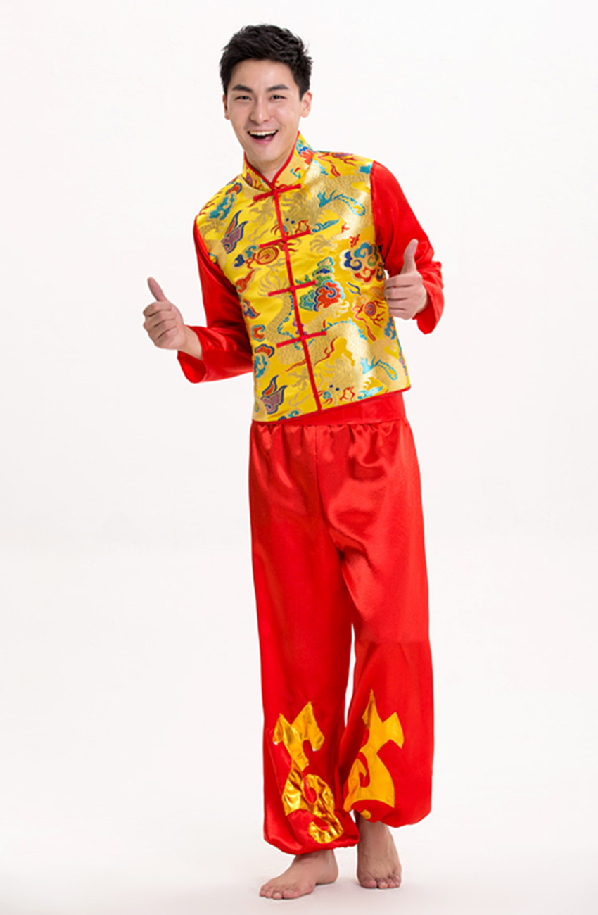 ชุดกี่เพ้า แขนยาวปักลายดอกไม้ คอป้าน+กางเกงขายาวสีแดง