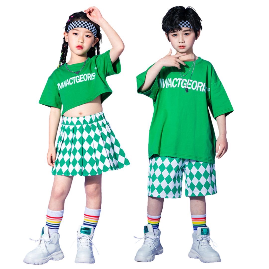 พร้อมส่ง ชุดเต้น ชุดเชียร์ เซ็ทเสื้อแขนสั้น+กระโปรง/กางเกง ลายหมากรุก