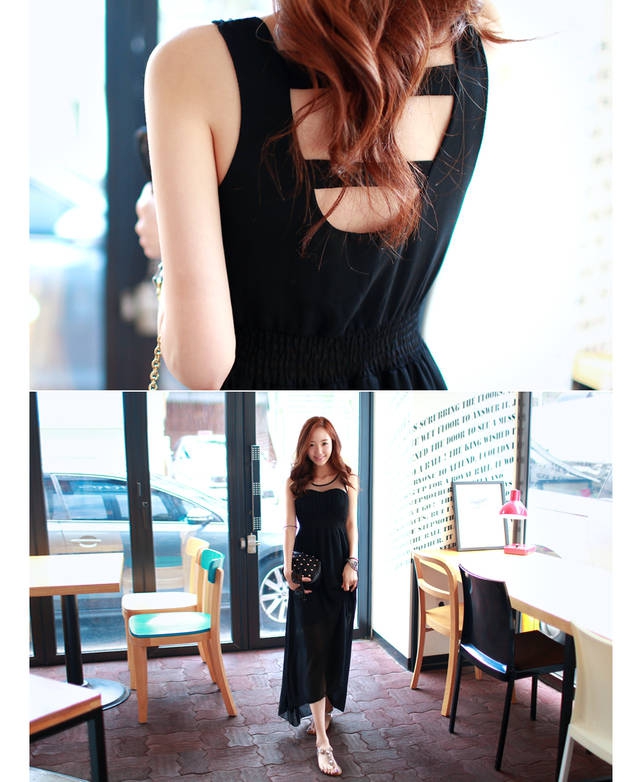 แม็กซี่เดรส เดรสยาวผ้าชีฟองสีดำอกซีทรูเว้าหลัง Black Elliot Maxi Dress