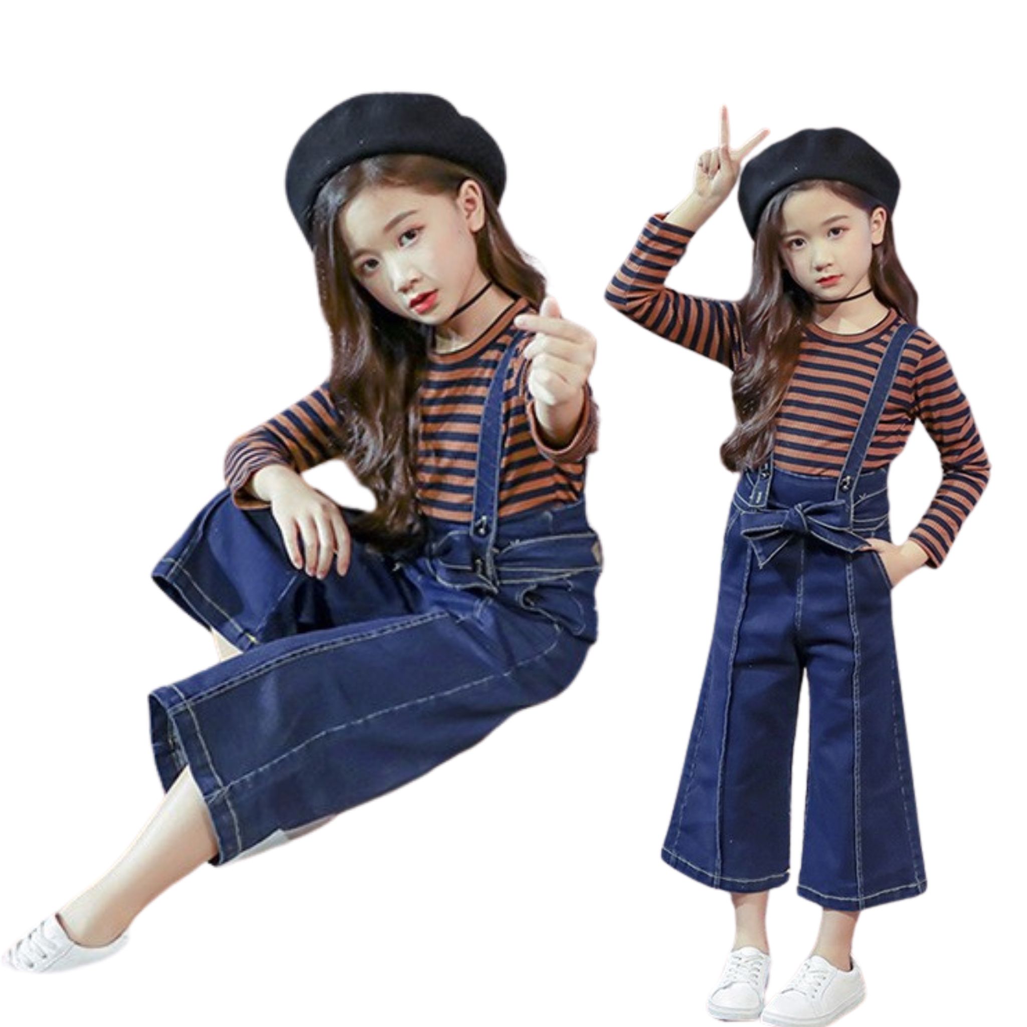 พร้อมส่ง ชุดเด็ก ชุดเซ็ต เดรสแขนยาว+เอี้ยมยีนส์ เอี๊ยมเด็ก