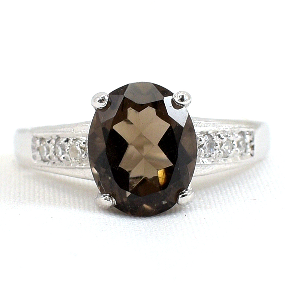 แหวนเงินแท้ราคาถูกชุบทองคำขาว พลอยแท้สโมกกี้ควอทซ์ 2.25 กะรัต เพชรCZ 0.15 กะรัต งานประณีตสวยงาม สั่งผลิตค่ะ