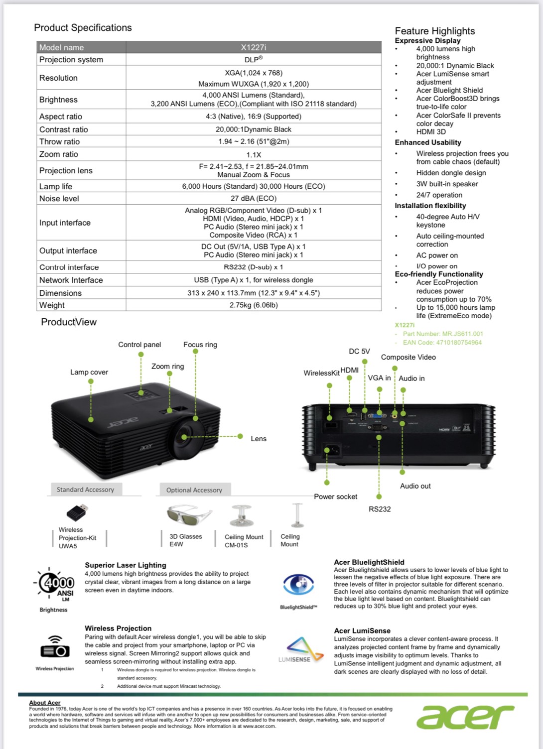 ACER X1227i (Wireless) ความสว่าง(ANSI Lumens) 4000