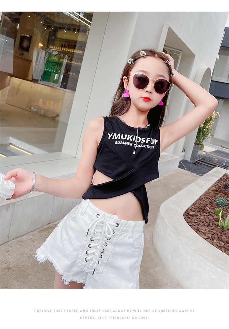 ชุดเต้น ชุดแดนซ์ : เสื้อครอป HIPHOP แขนกุดไขว้+กางเกงขาสั้น