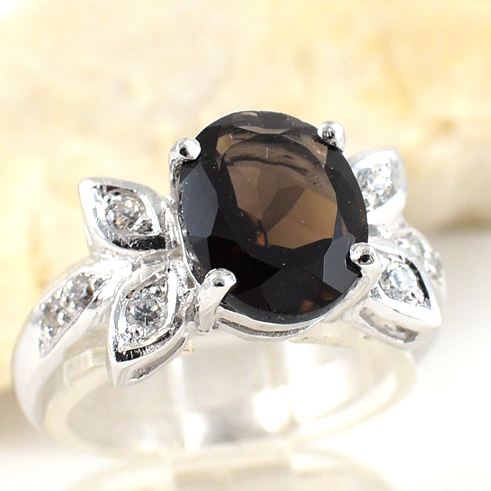 แหวนเงินแท้ราคาถูกชุบทองคำขาว พลอยแท้สโมกกี้ควอทซ์ 2.25 กะรัต เพชรCZ 0.16 กะรัต งานประณีตสวยงาม สั่งผลิตค่ะ