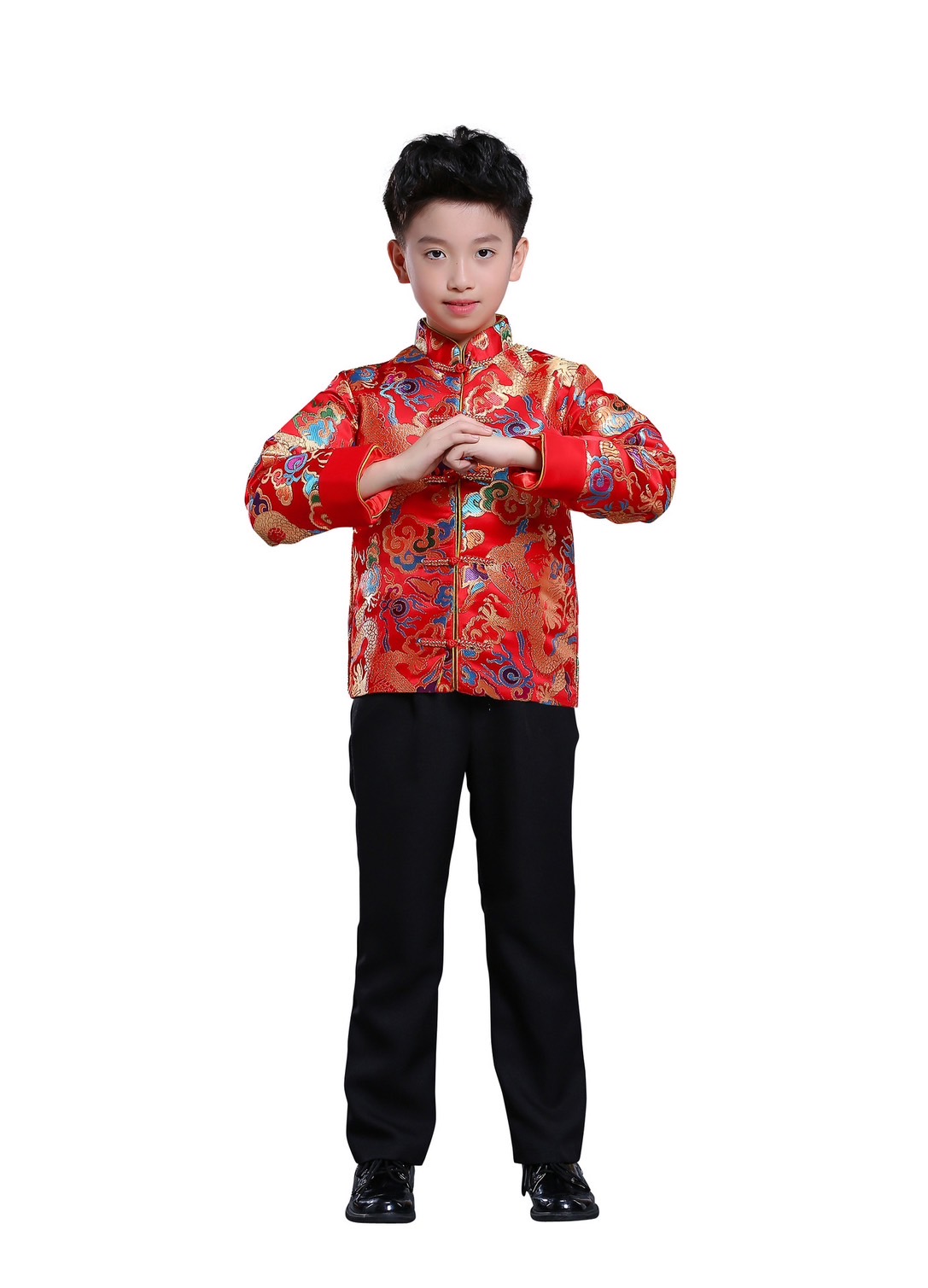 **พร้อมส่ง** ชุดจีน กี่เพ้า ชุดจีนเด็กชาย เสื้อสีแดงแขนขลิบทอง+สแลคดำ รุ่น 2