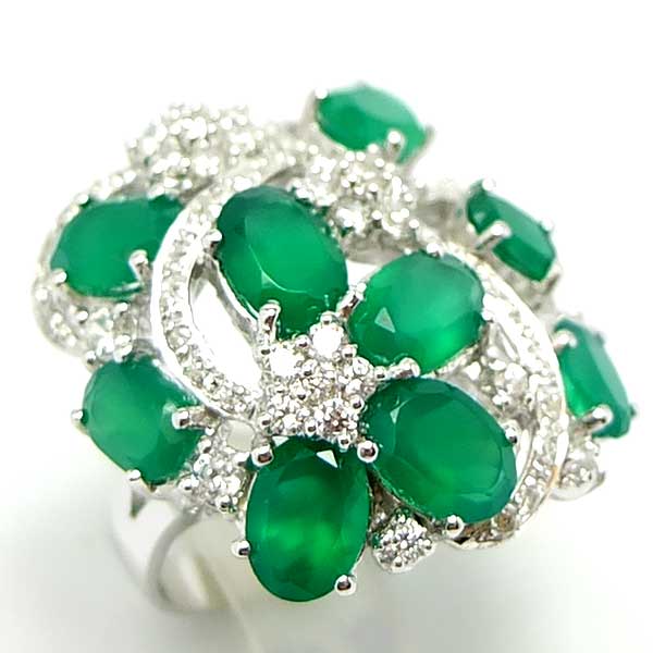 แหวนเงินแท้ราคาถูกชุบทองคำขาว พลอยแท้กรีนอะเกท 5.80 กะรัต เพชรCZ 1.015 กะรัต งานประณีตสวยงาม สั่งผลิตค่ะ