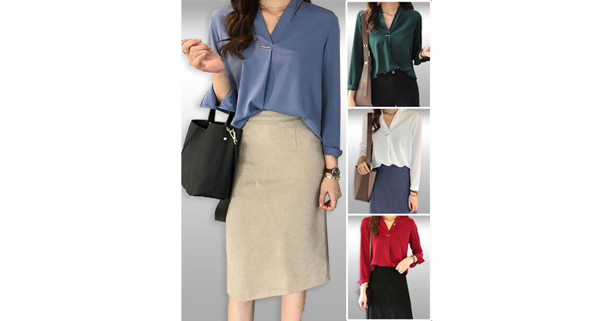 เสื้อแฟชั่นคอวีแขนยาวแบบสวยหรู มี4สี รหัส 2177