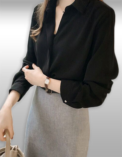 เสื้อเชิ๊ตแฟชั่นสีดำคอปกสวยหวานใส่ทำงานได้คะ มี 5ไซส