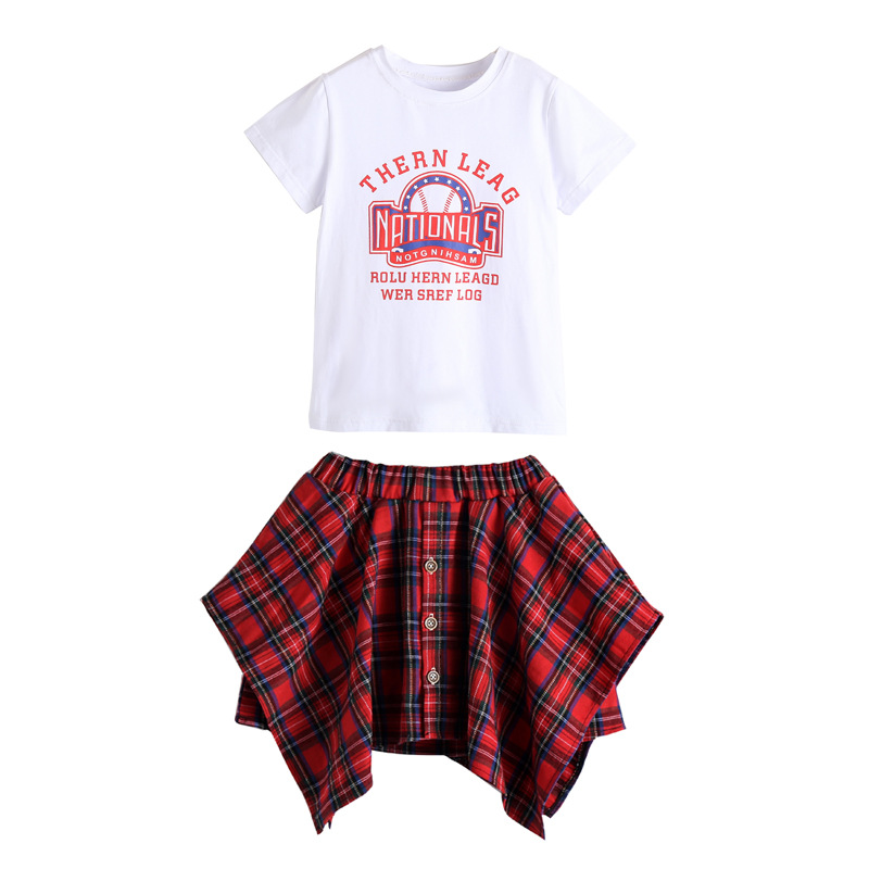 ชุดเต้น เสื้อแขนสั้นสีขาว+กางเกงสก๊อตแดง