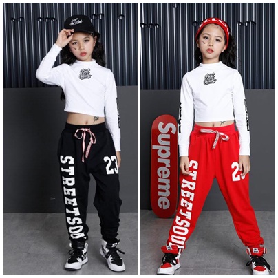 พร้อมส่ง ชุดเต้น ชุดฮิปฮอป สีขาวแขนยาวสีแดง+กางเกง