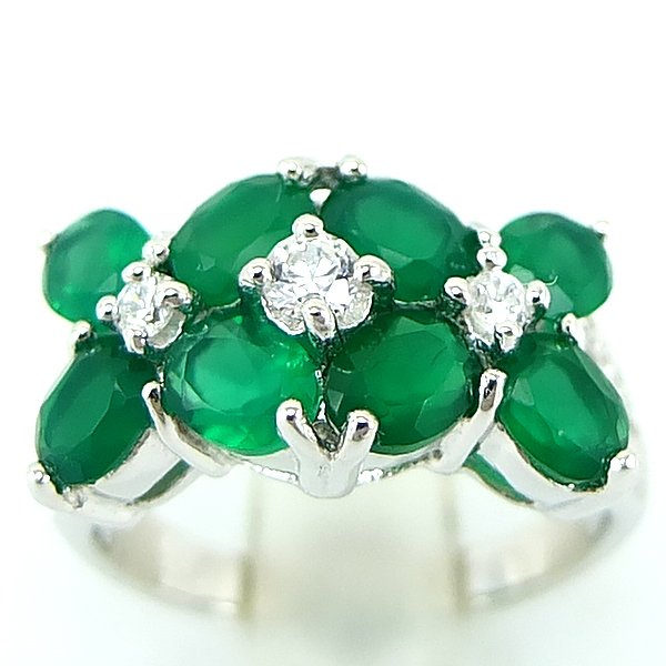 แหวนเงินแท้ราคาถูกชุบทองคำขาว พลอยแท้กรีนอะเกท 3.20 กะรัต เพชรCZ 0.272 กะรัต งานประณีตสวยงาม สั่งผลิตค่ะ