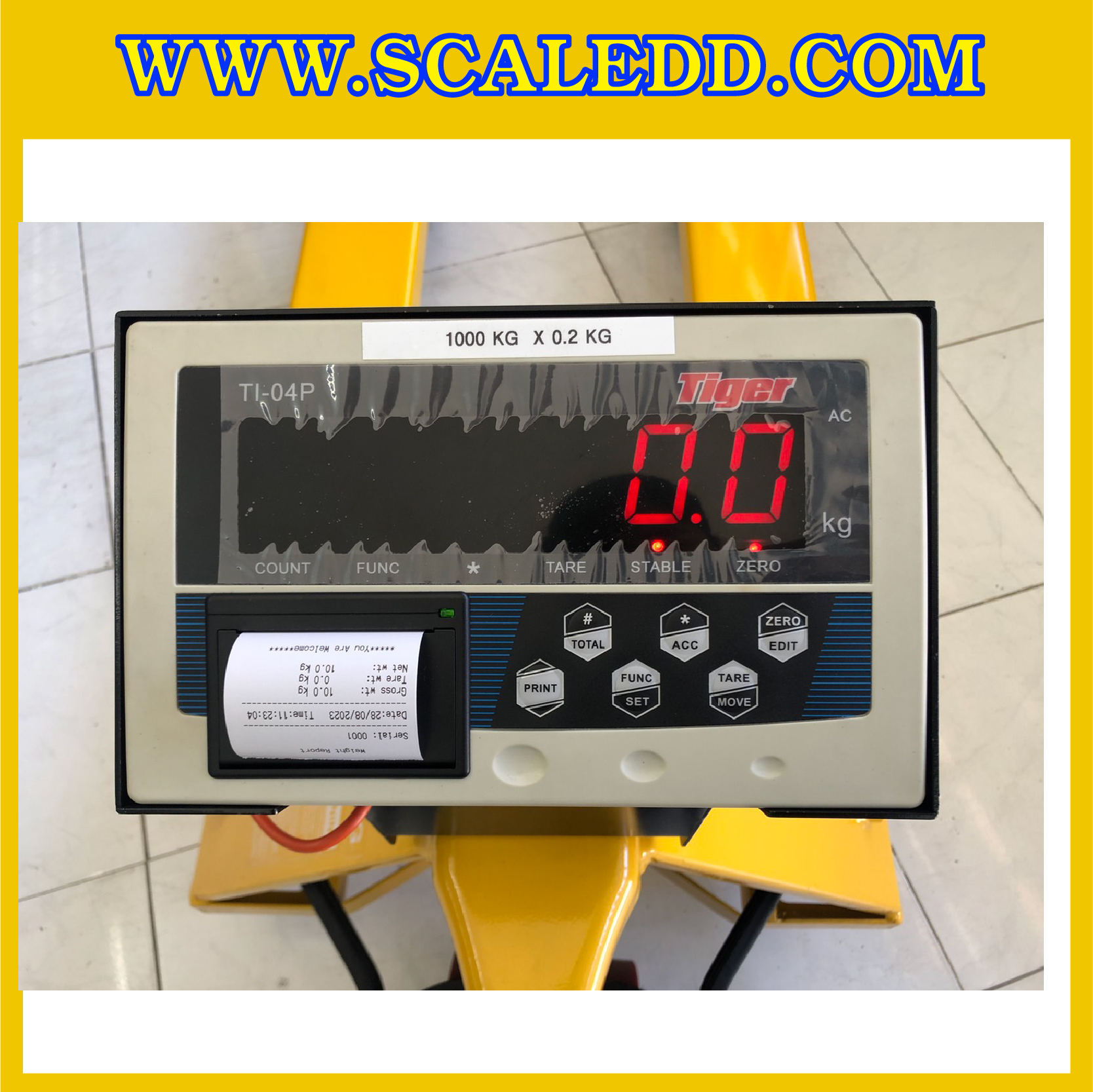 เครื่องชั่งน้ำหนักรถพาเลท พร้อมปริ้นเตอร์ 1000kg เครื่องชั่งรถพาเลท 1 ตัน เครื่องชั่งแฮนด์พาเลท ค่าความละเอียด 500g ยี่ห้อ TIGER รุ่น THP-02P