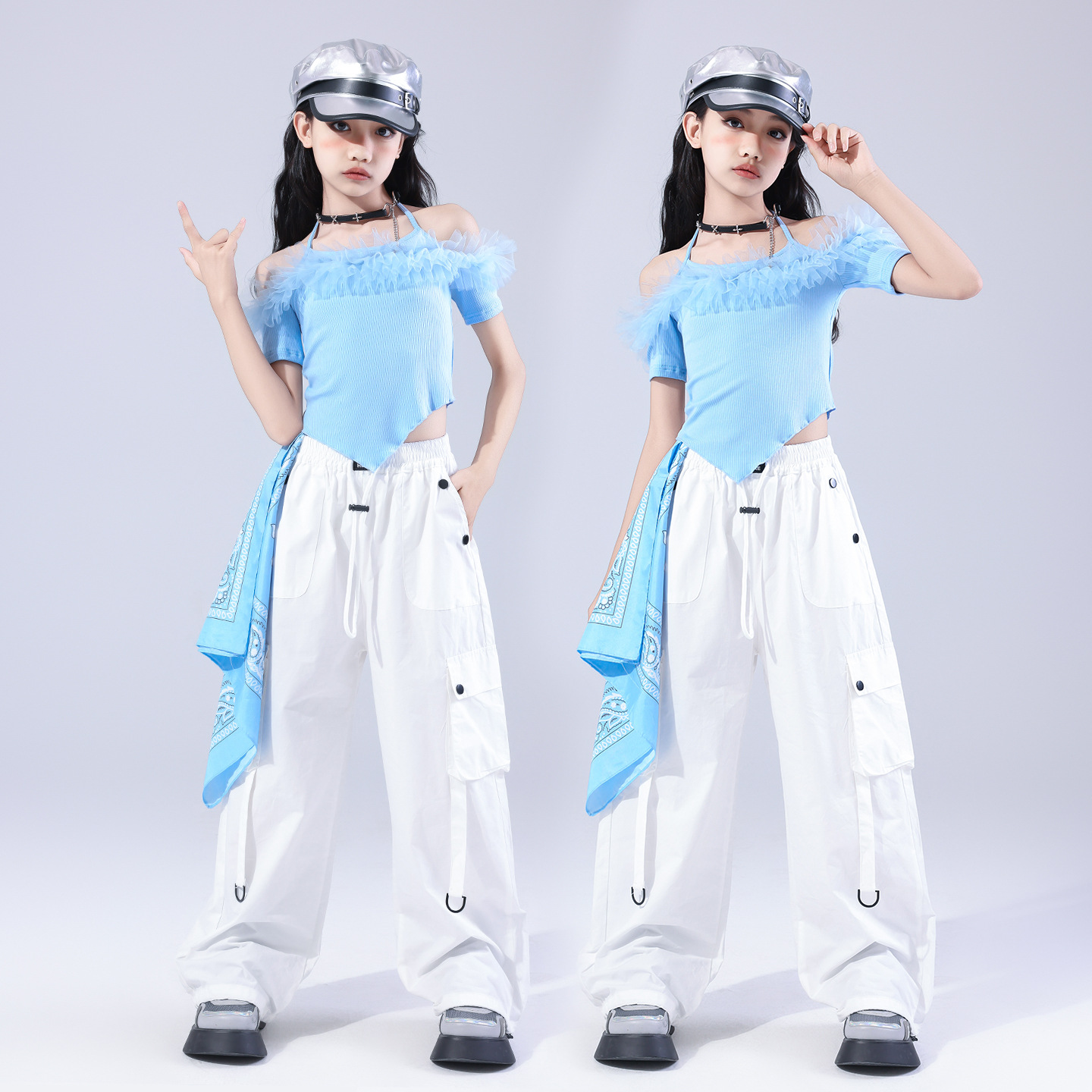 พร้อมส่ง ชุดเต้นเด็กผู้หญิง แฟชั่นเกาหลี สีฟ้าขาว สไตล์ K-pop ฮิปฮอป แขนเปิดไหล่ + กางเกงขาสั้น พร้อมปลอกขา