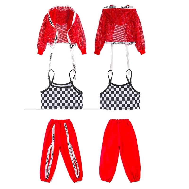ชุดStreet Dance HIPHOP เสื้อตาข่ายแดง+เสื้อลำลอง+กางเกง