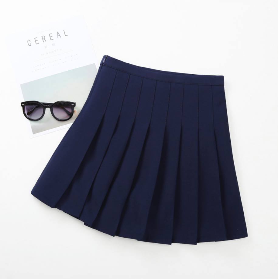 F กระโปรงเ ด็กอัดพลีท ทรงสั้น มีซับในกางเกง ลายพื้น เกรดคุณภาพ