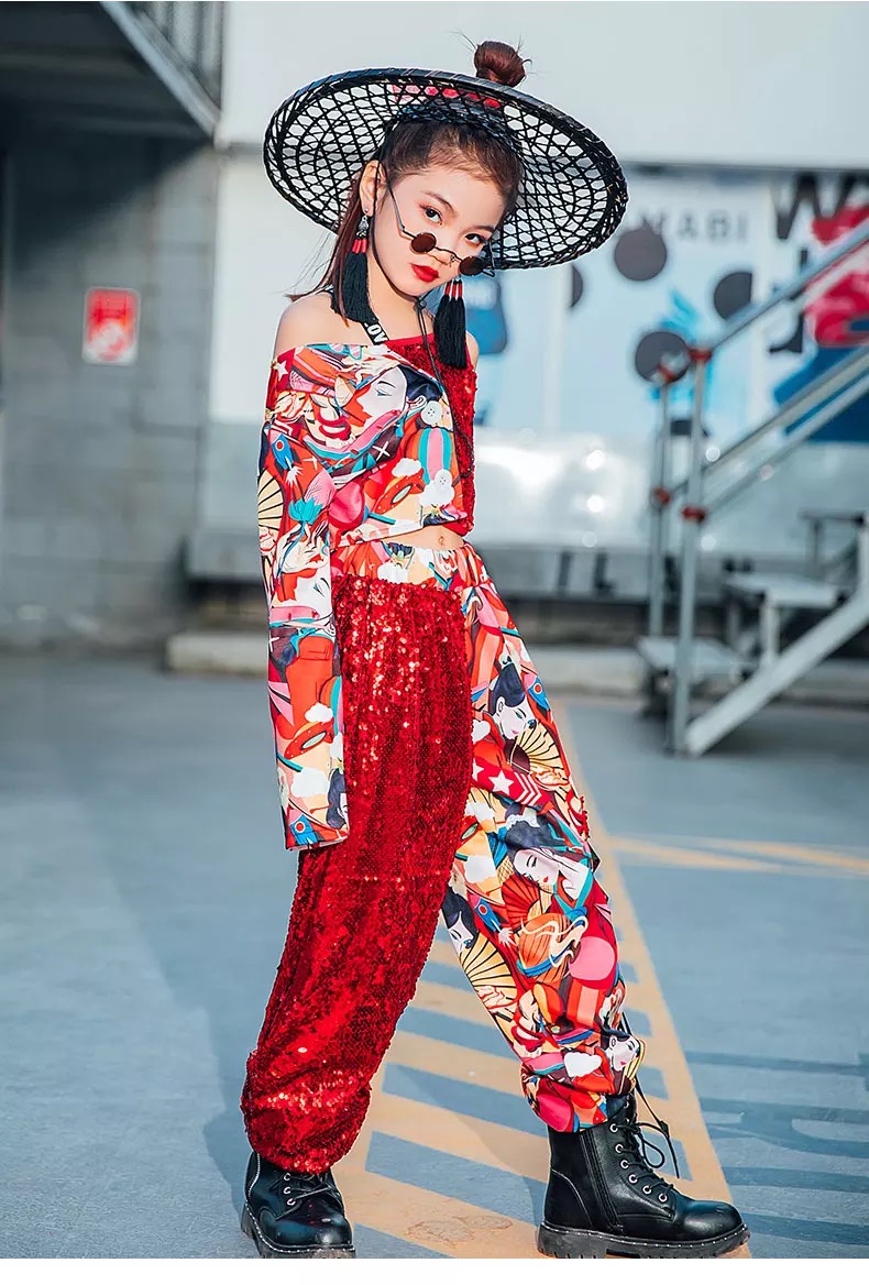 **พร้อมส่ง**ชุดเต้น ชุดฮิปฮอป เสื้อแขนยาว ปักเลื่อม พร้อมกางเกงขาขายาว