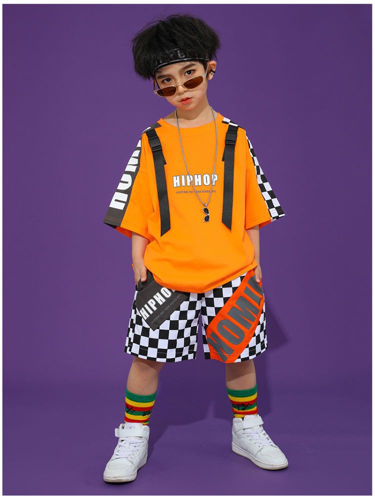 พร้อมส่ง ชุดเต้น ชุดเชียร์เด็ก เซ็ตสีส้ม ลายสก๊อต สีส้ม ชุดกีฬา สปอร์ต