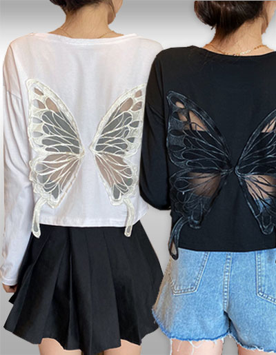 เสื้อแฟชั่นแต่งปีกผีเสื้อด้านหลังสวยหวาน มี2สีรหัส2382