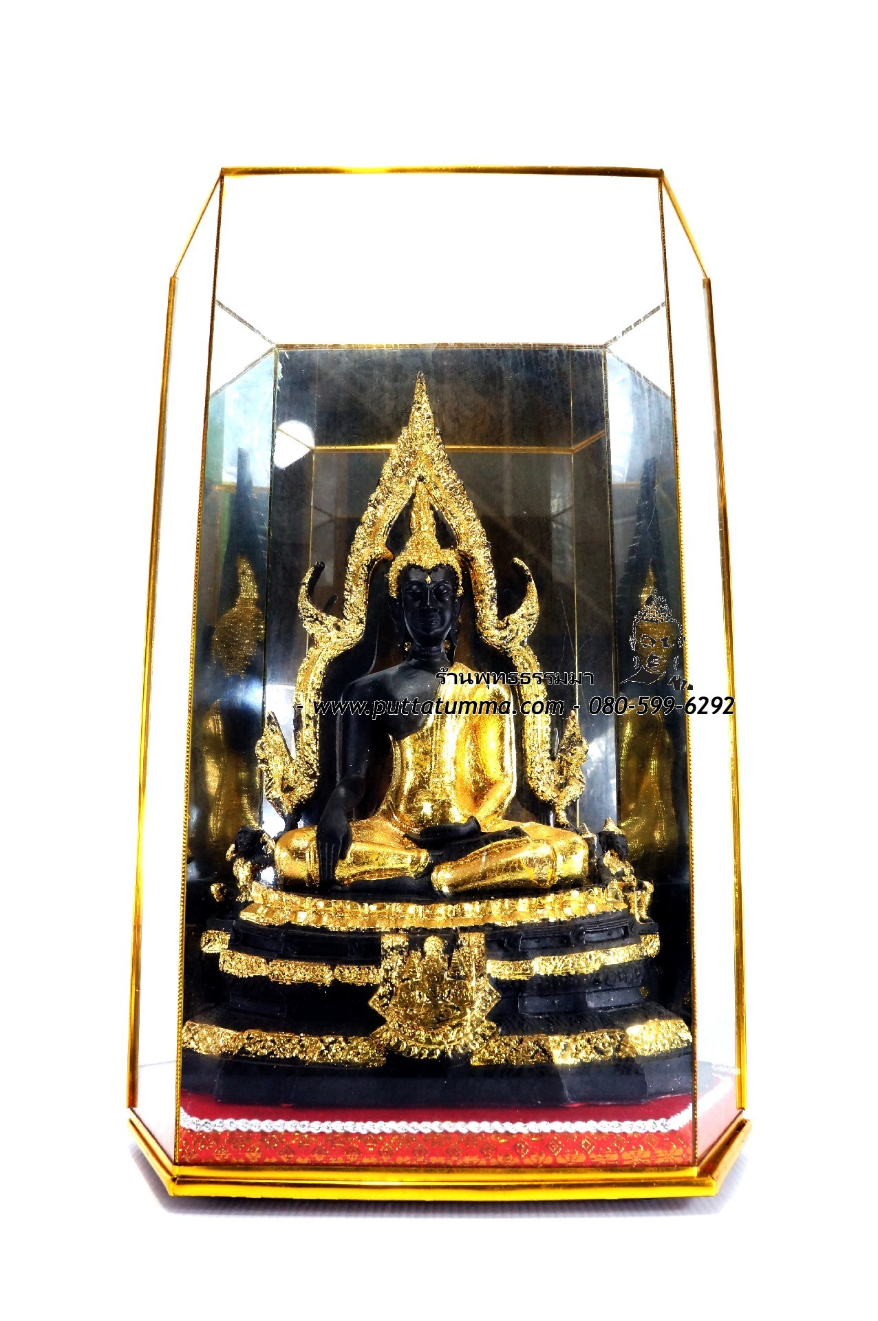 พระพุทธรูปปางมารวิชัย ซุ้มแก้ว ( พระพุทธชินราช ) เนื้อเรซิ่น หน้าตัก 5นิ้ว สูง 13 นิ้ว พร้อมตู้ขนาด 8*6*16นิ้ว