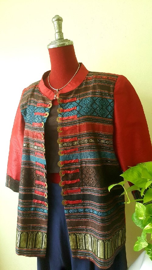 SIVA เสื้อคลุ้มผ้าไหมไทยตกแต่งวัสดุเหลือใช้ SIVA (ส่งฟรี) ดำ,น้ำตาล,ชมภู่,ฟ้า,แดงเลือดหมู M,L,XL,XXL