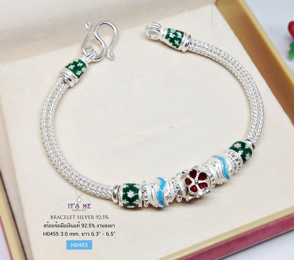 สร้อยข้อมือเงินแท้ 92.5% งานลงยา ลายสวยมากๆ ค่ะ งานทำมือ (งานไทย) สร้อยหนา 3.0 มิล